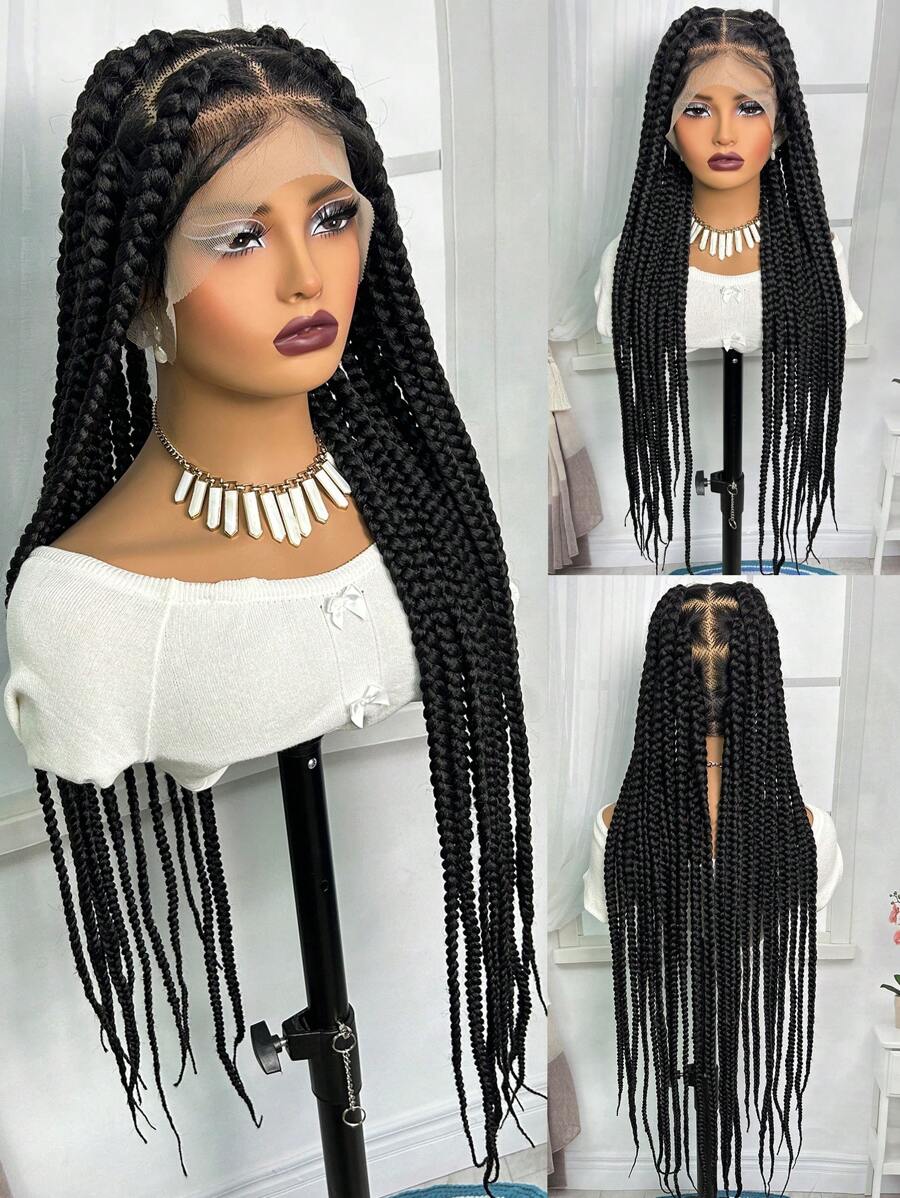 Full Double Lace Braid Wig  Full Lace Wig  36" Box Braided Wigs Lace Front Knotless Box Braids Lace Frontal Wig For Women Synthetic Black Hand Embroidery Full Double Lace Braid Wig With Baby Hair