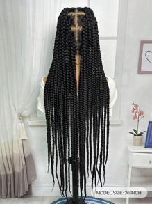 Full Double Lace Braid Wig  Full Lace Wig  36" Box Braided Wigs Lace Front Knotless Box Braids Lace Frontal Wig For Women Synthetic Black Hand Embroidery Full Double Lace Braid Wig With Baby Hair - Black - View 9