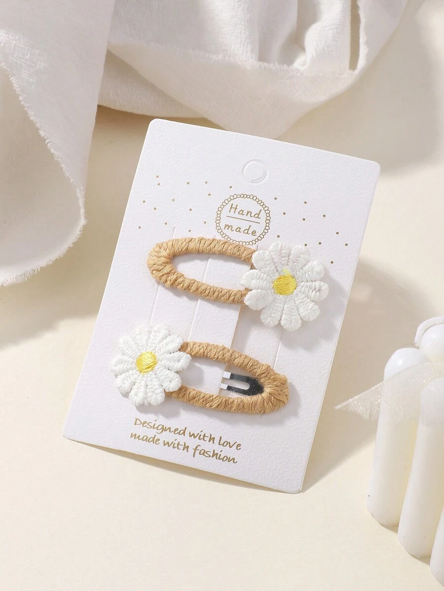 2pcs Solid Color Small Flower Hair Clips, Fully Covered Kids' Hairpins For Bangs Decoration - Multicolor - View 1