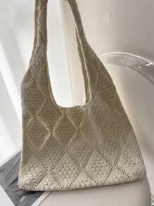 Women's Crocheted Tote Bag, Hollow Solid Color, Vacation Style For Going Out Shopping.