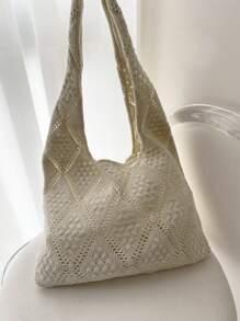 Women's Crocheted Tote Bag, Hollow Solid Color, Vacation Style For Going Out Shopping.