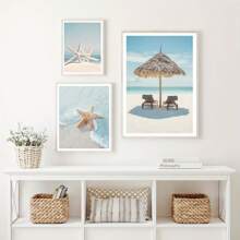 3入組海景畫作,藍色沙灘海星風景的畫布繪畫-令人驚嘆的旅遊風景海報,適用於客廳裝飾和家居裝飾,不含框架 - 彩色 - 查看 5