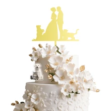 Acrylic Wedding Cake Topper Bride & Groom With Dog & Cat Cake Decoration - Gold - View 1