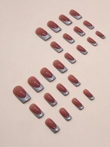 24入組中長款歐式銀色亮片法式美甲假指甲,包含1支果凍膠和1把指甲修整器 - 彩色 - 查看 2