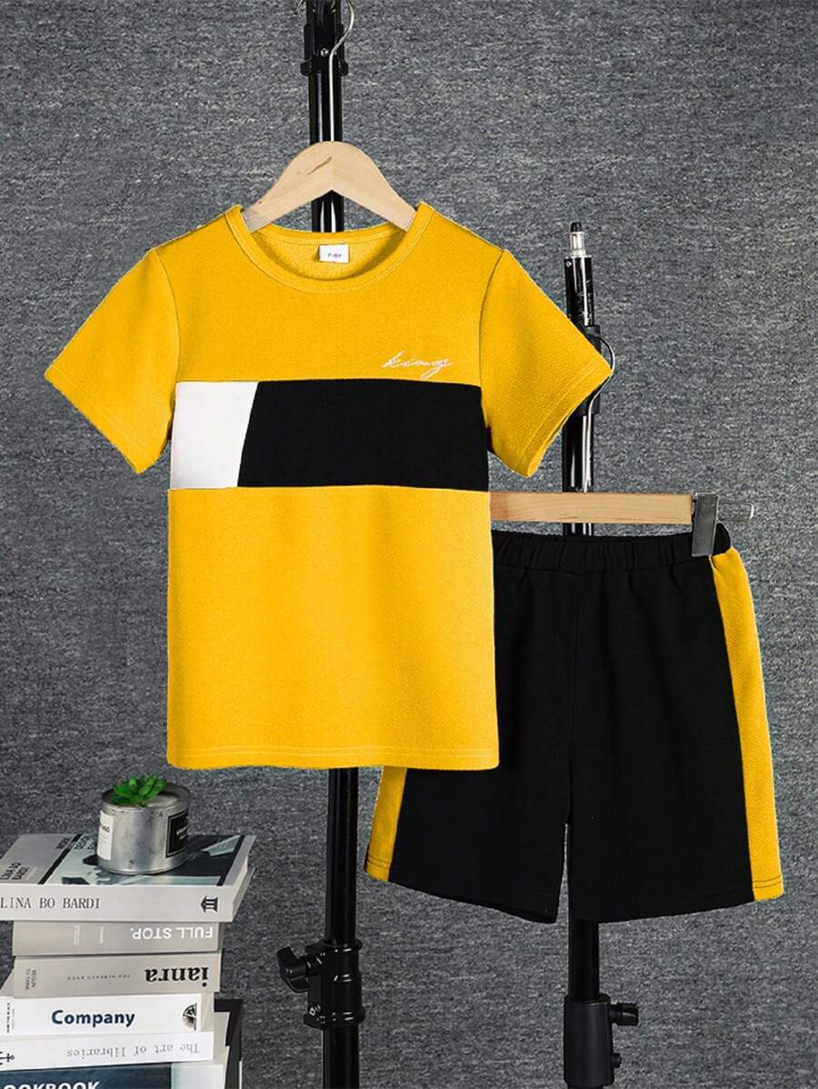 Purechapter Tween Boy Casual 2-Piece Set, 3-Color Block Crew Neck Short Sleeve Top And Athletic Shorts
