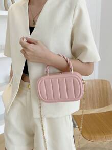 純色PU條紋壓花垂直條紋時尚橢圓形金屬手柄城市手提包（女士） - 粉色 - 查看 5