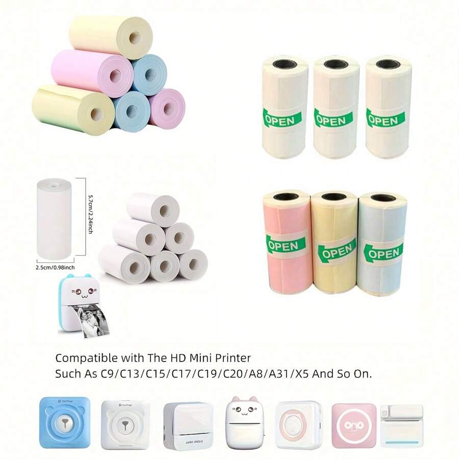6捲57 X 25毫米迷你熱敏打印機貼紙自粘熱敏紙可打印貼紙,適用於大多數便攜式即時相機照片,日記筆記便攜式迷你口袋打印機的貼紙紙張 - 57x25mm Thermal Paper - 查看 1