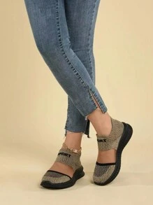 女士實色透氣魚網襪運動鞋,柔軟透氣鞋底,輕巧舒適 - 卡其色 - 查看 1