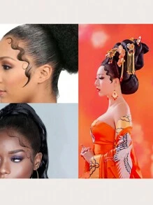 5 hojas de tatuajes temporales para el cabello, pegatinas impermeables y de larga duración para el arte corporal - Negro - Ver 7