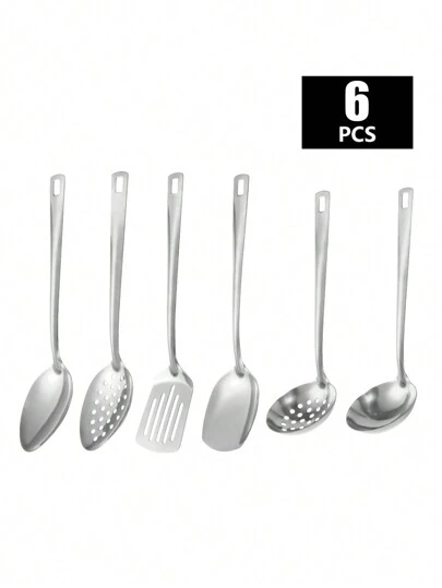 6pcs/Set Stainless Steel Tableware Set (Soup Ladle, Serving Spoon, Serving Fork) For Home, Kitchen, Hotel, Buffet, Banquet,Kitchen,Christmas Gift,School Supplies