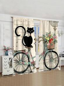 2 件装可爱猫咪抽象艺术数码印花半透明窗帘带杆袋，适合客厅家居装饰