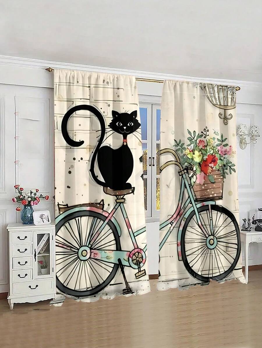 2 件装可爱猫咪抽象艺术数码印花半透明窗帘带杆袋，适合客厅家居装饰
