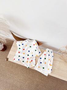 Baby Boy Heart Print Casual Cute T-Shirt Set, Summer