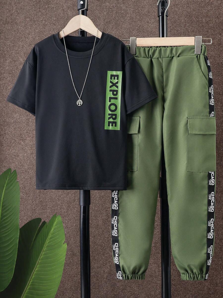 Tween Boy Spring/Summer/Fall Daily Wear Casual Letter Printed Short Sleeve Top And Utility Pants Set - Black - View 1