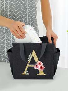 1 件全新加厚字母印花保温袋，便携式午餐盒保温袋，金色字母花朵印花保温袋，户外露营午餐袋，便携式冷冰袋，便携式食物冷却器适合工作、学校和旅行女士午餐盒袋女士学校用品配件 - 黑色 - 查看 2