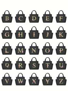 1 件全新加厚字母印花保温袋，便携式午餐盒保温袋，金色字母花朵印花保温袋，户外露营午餐袋，便携式冷冰袋，便携式食物冷却器适合工作、学校和旅行女士午餐盒袋女士学校用品配件 - 黑色 - 查看 9