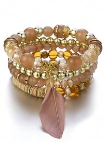 4 件时尚个性化精致高端闪亮优雅羽毛、手饰、玻璃串珠多层弹力绳手链，可作为女性母亲节惊喜礼物，适合派对聚会 - 羽毛 - 查看 4