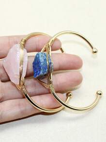 1入自然療癒石頭金色合金鍍銅電線包覆的自然石手鐲寶石手鐲脈輪能量女士手鐲珠寶飾品