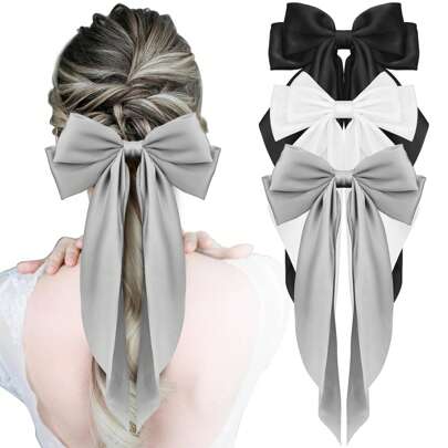 3pcs Large Bow Hair Clip With Long Tail, Cute And Aesthetic Hair Accessory For Girls, Big Bowknot Hairpin (Black, Beige, Gray)