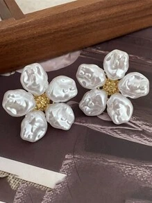 1 đôi bông tai đính hoa & ngọc trai giả trang nhã, thích hợp cho các bữa tiệc, hẹn hò và đeo hàng ngày - trắng - Xem 4