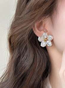1 đôi bông tai đính hoa & ngọc trai giả trang nhã, thích hợp cho các bữa tiệc, hẹn hò và đeo hàng ngày - trắng - Xem 3