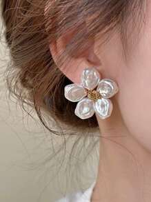1 đôi bông tai đính hoa & ngọc trai giả trang nhã, thích hợp cho các bữa tiệc, hẹn hò và đeo hàng ngày - trắng - Xem 1