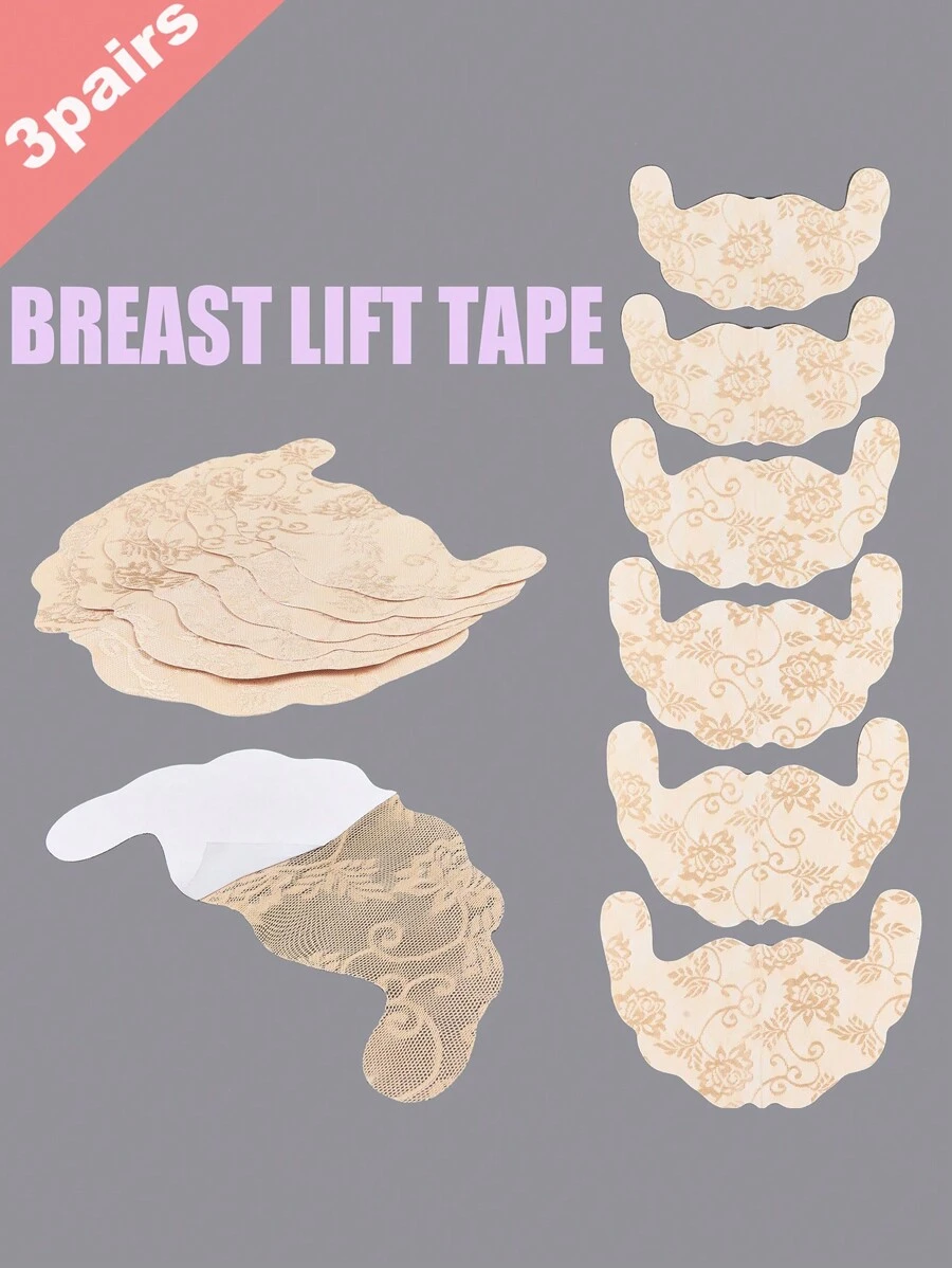 3pairs Disposable Push Up Breast Lift Tape For Large Breasts With U-Shaped Lace Design Prevent Sagging And Enhance Cleavage - Beige - View 1