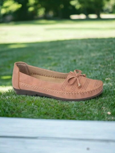 Mocasines cómodos y suaves de tipo piel con detalle de moño para mujer de color rosa, Zapatos cerrados con detalle de moño versátiles para toda ocasión rosas para mujer, Zapatos de piso con plantilla acolchonada y suave con detalle de moño para mujer