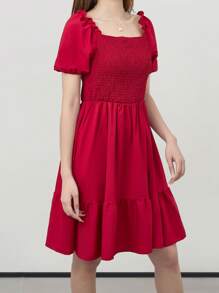 Vestido ajustado de color liso con mangas abullonadas cuello cuadrado y dobladillo con volantes para mujer - Rojo - Ver 2