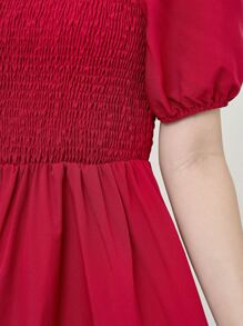 Vestido ajustado de color liso con mangas abullonadas cuello cuadrado y dobladillo con volantes para mujer - Rojo - Ver 4