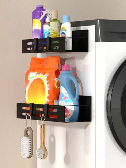 1/2pcs Black Metal Magnetic Refrigerator Rack Without Drilling, Kitchen Spice Storage Shelf, Wall-Mounted, Suitable For Refrigerator, Microwave, Washing Machine, Etc.