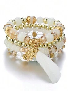 4 件时尚个性化精致高端闪亮优雅羽毛、手饰、玻璃串珠多层弹力绳手链，可作为女性母亲节惊喜礼物，适合派对聚会 - 羽毛 - 查看 9