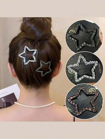 4pcs/Set Rhinestone Star Fashion Hair Clips, Hollow Elegant Hair Accessories For Girls