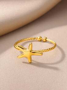2024 女士海星戒指可调节不锈钢戒指复古婚礼珠宝配饰 - 金黃色 - 查看 4