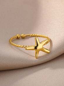 2024 女士海星戒指可调节不锈钢戒指复古婚礼珠宝配饰 - 金黃色 - 查看 2