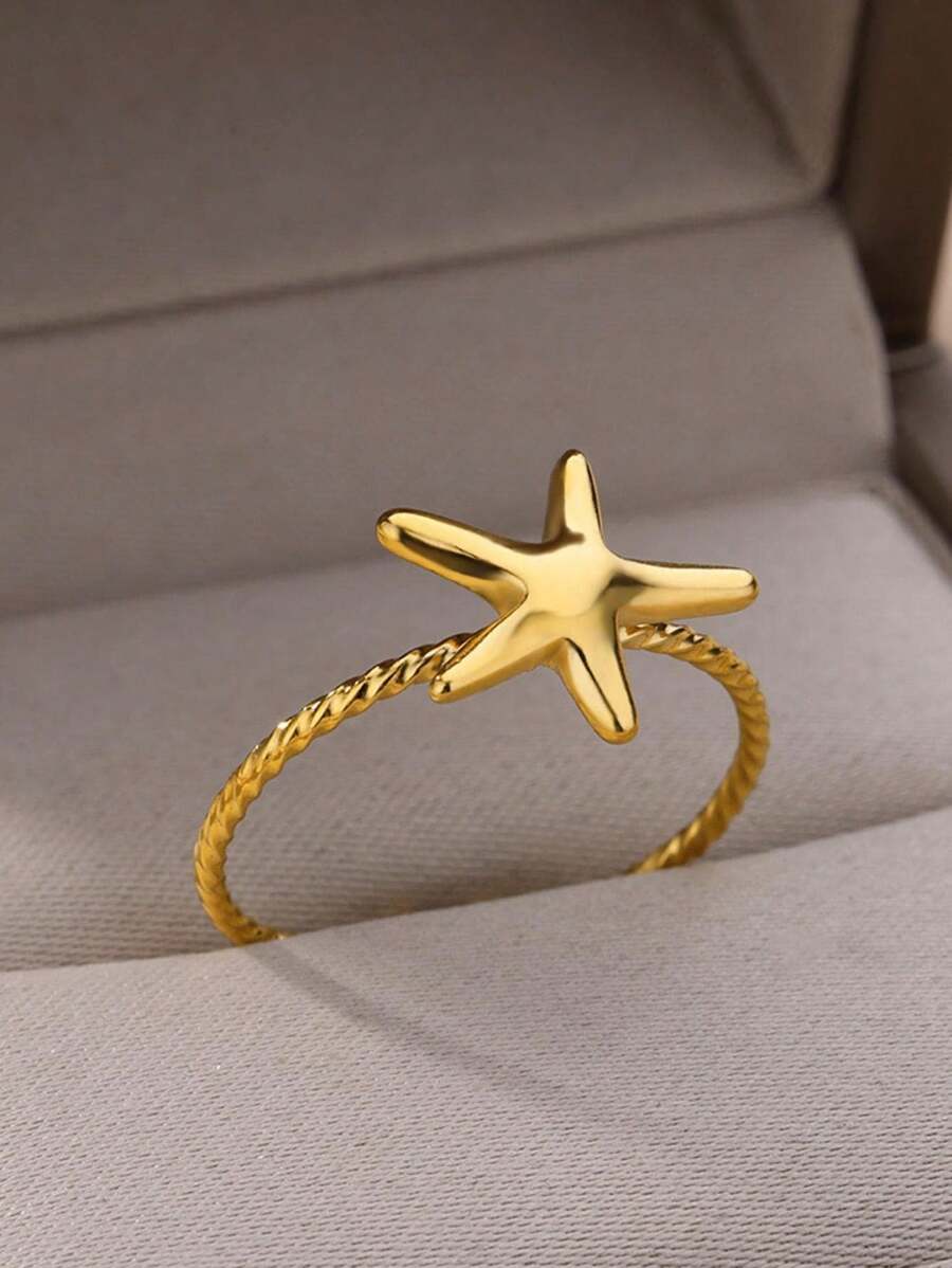2024 女士海星戒指可调节不锈钢戒指复古婚礼珠宝配饰 - 金黃色 - 查看 1