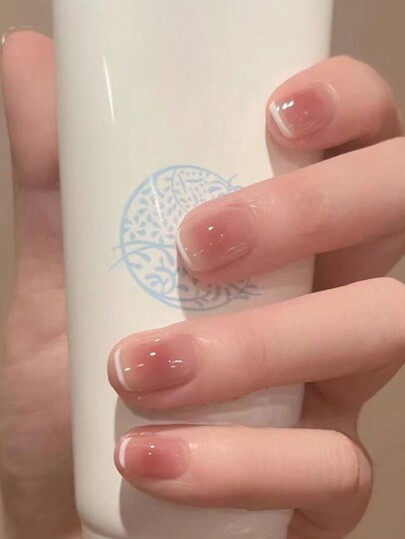 24pcs False Nails Set With Blush Pink Colored Nails, French Style & Nail File & Jelly Glue Press On Nails Nail Supplies