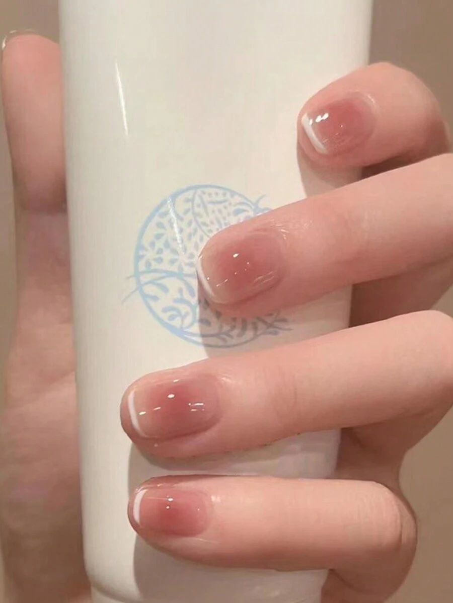 24入組假指甲套裝，粉色法式甲 & 甲檔 & 鑽石膠壓片指甲補給品 - 白色 - 查看 1