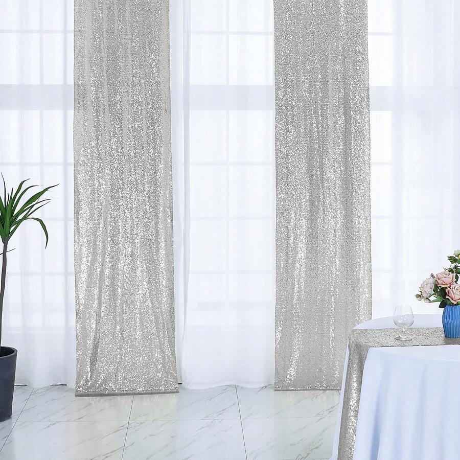 多色亮片背景窗簾,2片2英尺x8英尺閃光金色背景窗簾,閃光攝影、派對、婚禮、生日、背景牆裝飾 - 銀色 - 查看 1