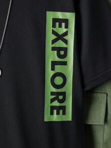 Tween Boy Spring/Summer/Fall Daily Wear Casual Letter Printed Short Sleeve Top And Utility Pants Set - Black - View 4