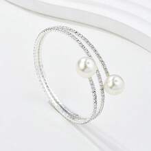 鑲嵌水晶和仿珍珠多層包覆手鍊 - 銀色 - 查看 3