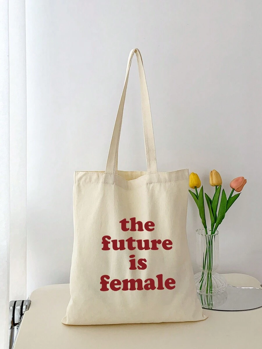 1 Pezzo Borsa Tote Alla Moda In Tela Beige Stampata Con Lettere Rosse 'il Futuro', Borsa Portatile Per Uscite E Shopping Per Donne - Beige - Visualizzare 1