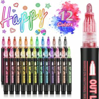 Shimmer Markers Outline Double Line: 12 Colors Metallic Glitter Pens Set Super Squiggles Sparkle Fun Fancy Self Sparkly Doodle Drawing Supplies Art Craft Stocking Stuffer