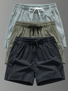 3pcs/Set Boyfriend Style Men's Solid Color Zippered Pocket Elastic Waterproof Quick-Drying Ice Silk Sport Shorts - Army Green - View 2