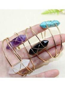 1入自然療癒石頭金色合金鍍銅電線包覆的自然石手鐲寶石手鐲脈輪能量女士手鐲珠寶飾品