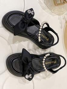 2024年夏季新款女士大碼涼鞋，輕便時尚的高跟鞋搭扣平台楔型鞋，舒適美麗的女士楔型涼鞋，帶蝴蝶結的斜坡跟休閒運動涼鞋 - 黑色 - 查看 5