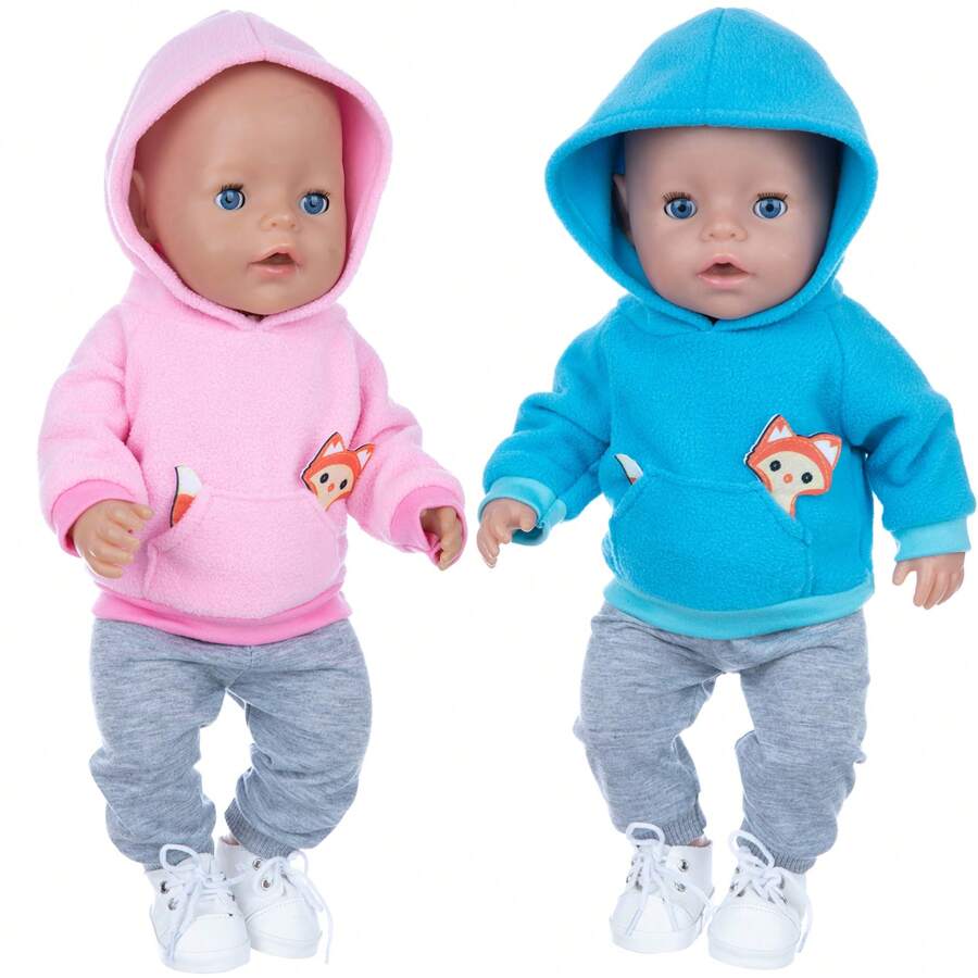 16-18 Inch Cross-Border American Doll Universal Casual Suit, Blue & Pink Fox Print Outfit, 43cm Reborn Doll Clothes 2 Pieces Set (Doll Not Included), Suitable For Spring & Autumn - Multicolor - View 1