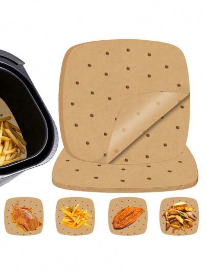 50 pezzi Carta pergamena per friggitrice ad aria non sbiancata, rivestimenti per friggitrice ad aria per la cottura al forno, carta pergamena forata bianca naturale quadrata per friggitrice ad aria da cucina