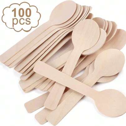 50/100/200pcs Disposable Mini Birchwood Spoons, 4 Inch, Suitable For Chocolate, Ice Cream, Coffee, Various Parties, Catering, Gatherings, Wedding And Birthday Supplies, Home And Party Decorations