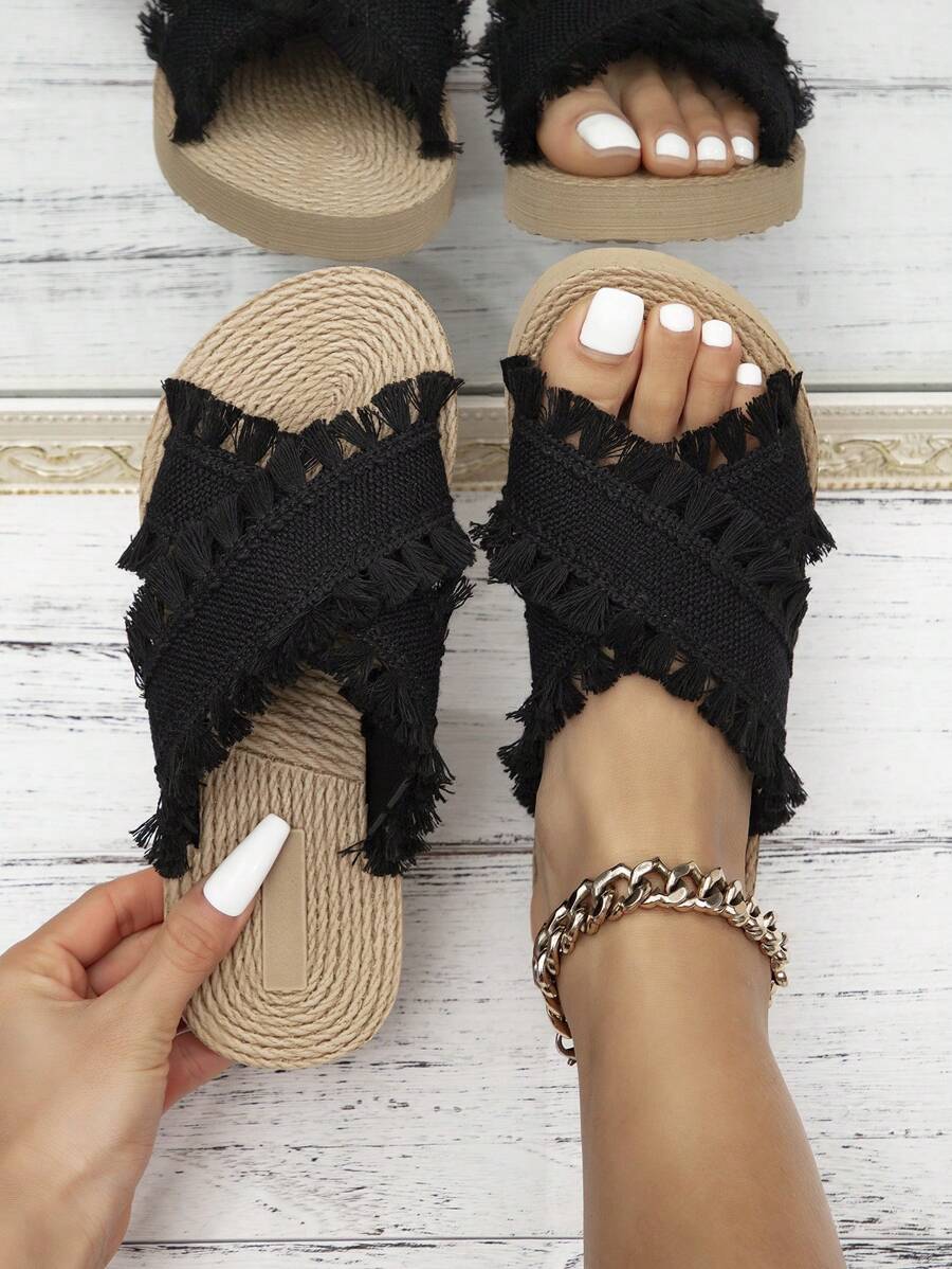 Kate Miuch 女式新款韩式 Jennie 唯美可爱甜美优雅年轻活力少女舒适露趾透气轻便黑色平底拖鞋，时尚波西米亚复古时尚高端百搭黑色流苏圆头仿亚麻鞋底交叉平底凉鞋